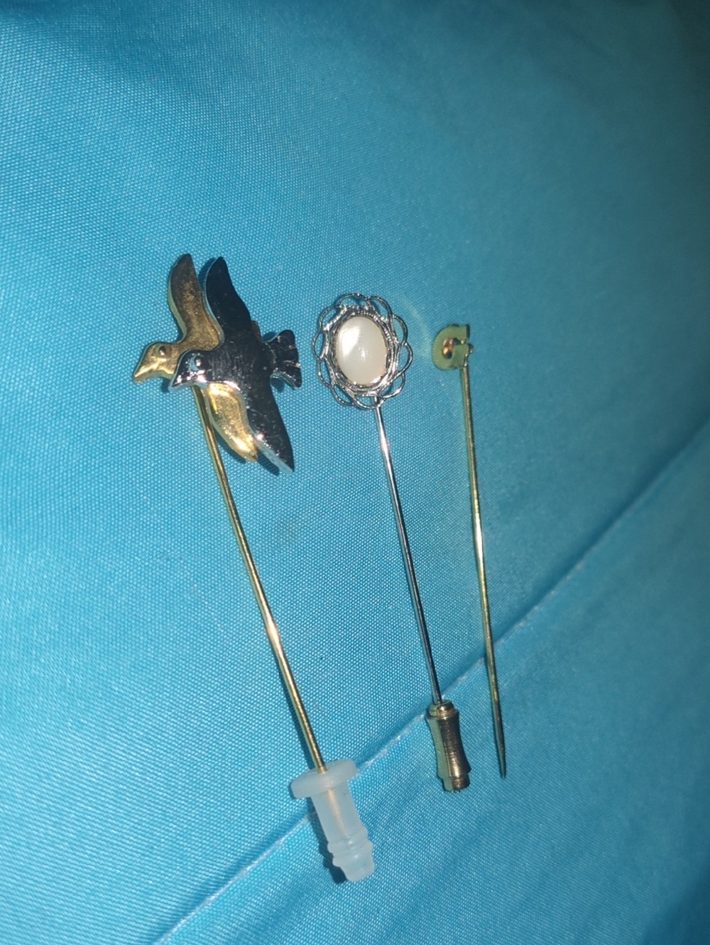 Vintage Bird and Pearl Stick Pin Set - Gold & Silver Tones